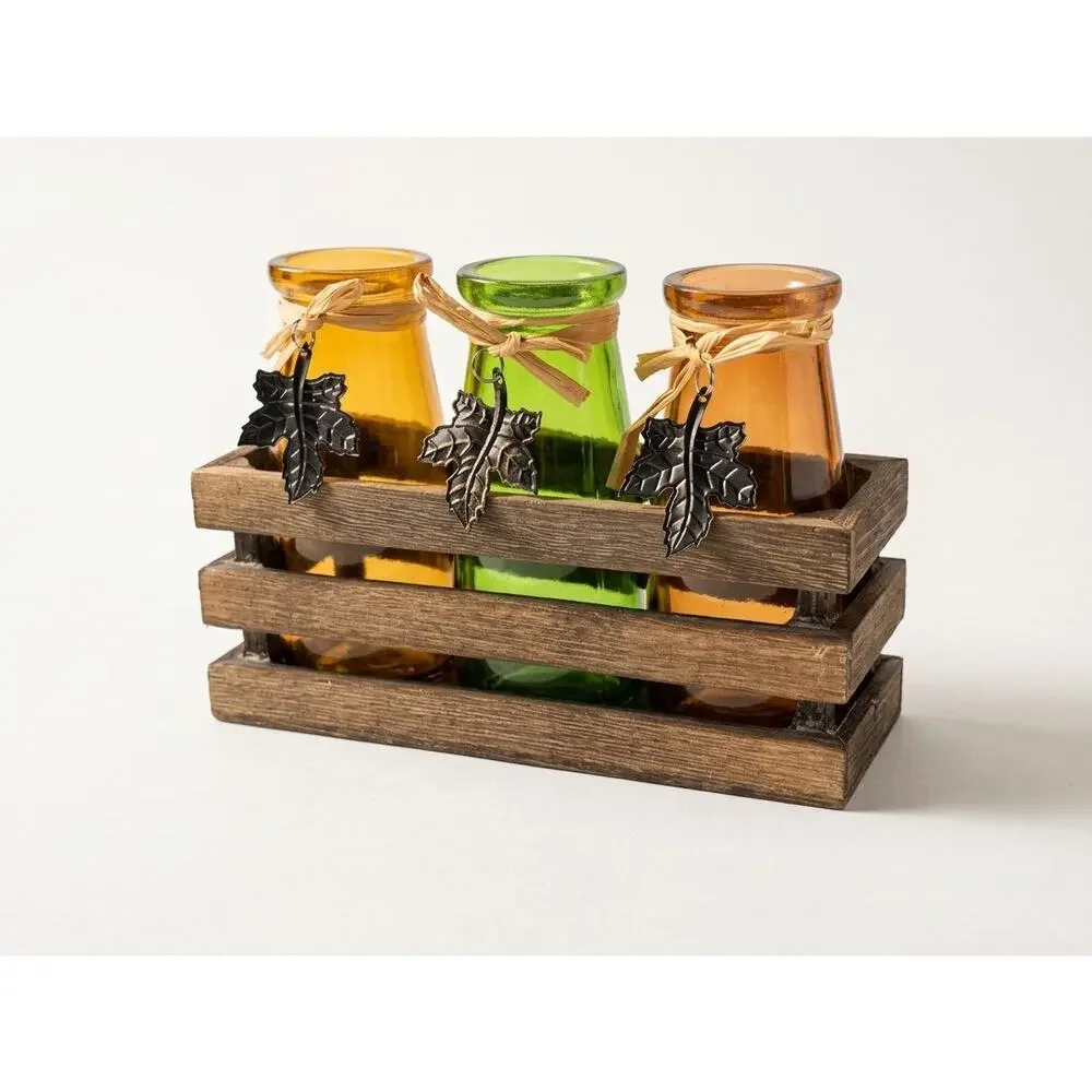 Fall Thanksgiving Table Centerpiece - Set of 3 Amber & Green Glass Bottle Vases